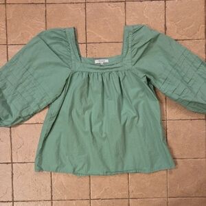 Madewell Puff Sleeve Pleat Sleeve Square Neck Peasant Top in Pale Evergreen